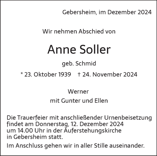 Traueranzeige von Anne Soller von Leonberger Kreiszeitung / Strohgäu Extra