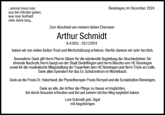 Traueranzeige von Arthur Schmidt von Leonberger Kreiszeitung / Strohgäu Extra