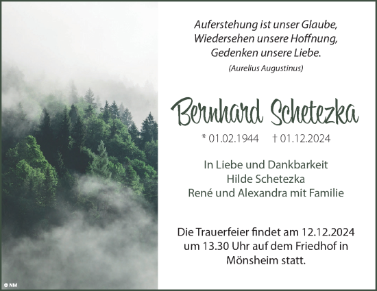 Traueranzeige von Bernhard Schetezka von Leonberger Kreiszeitung / Strohgäu Extra