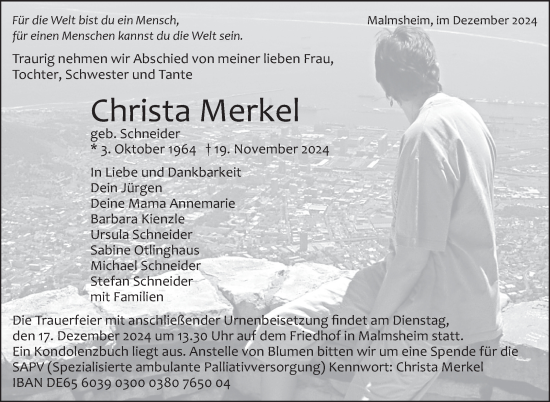 Traueranzeige von Christa Merkel von Leonberger Kreiszeitung / Strohgäu Extra