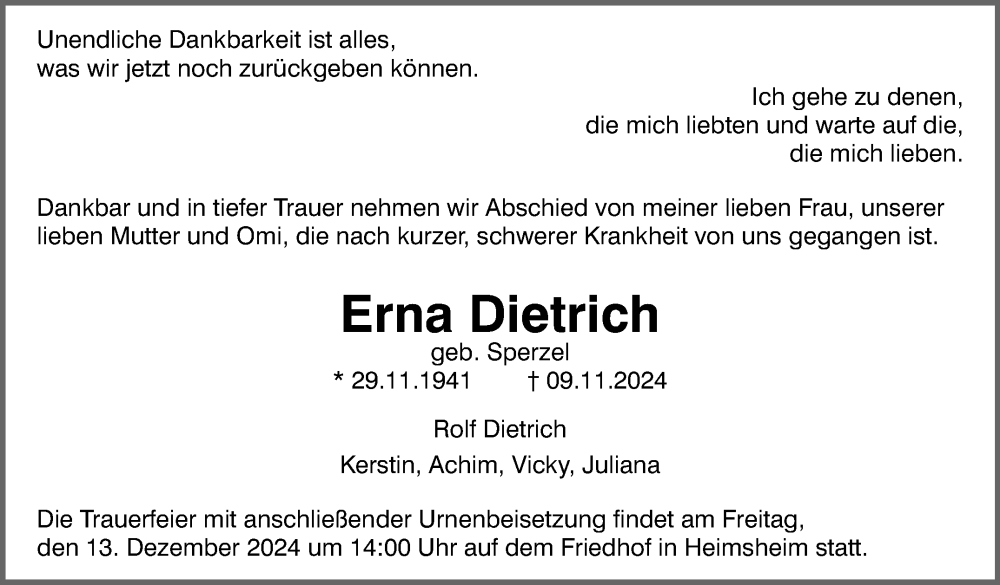  Traueranzeige für Erna Dietrich vom 07.12.2024 aus Leonberger Kreiszeitung / Strohgäu Extra