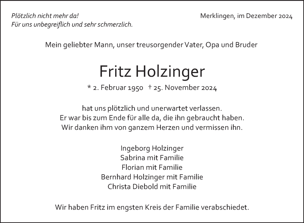  Traueranzeige für Fritz Holzinger vom 11.12.2024 aus Leonberger Kreiszeitung / Strohgäu Extra