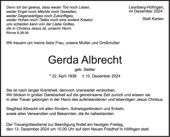 Traueranzeige von Gerda Albrecht von Leonberger Kreiszeitung / Strohgäu Extra