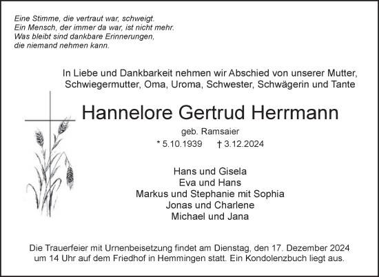 Traueranzeige von Hannelore Gertrud Herrmann von Leonberger Kreiszeitung / Strohgäu Extra