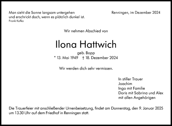 Traueranzeige von Ilona Hattwich von Leonberger Kreiszeitung / Strohgäu Extra