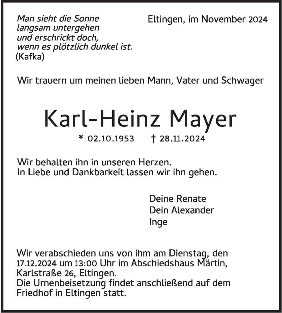  Traueranzeige für Karl-Heinz Mayer vom 14.12.2024 aus Leonberger Kreiszeitung / Strohgäu Extra