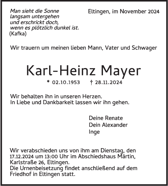 Traueranzeige von Karl-Heinz Mayer von Leonberger Kreiszeitung / Strohgäu Extra