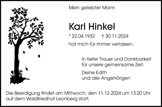 Traueranzeige von Karl Hinkel von Leonberger Kreiszeitung / Strohgäu Extra