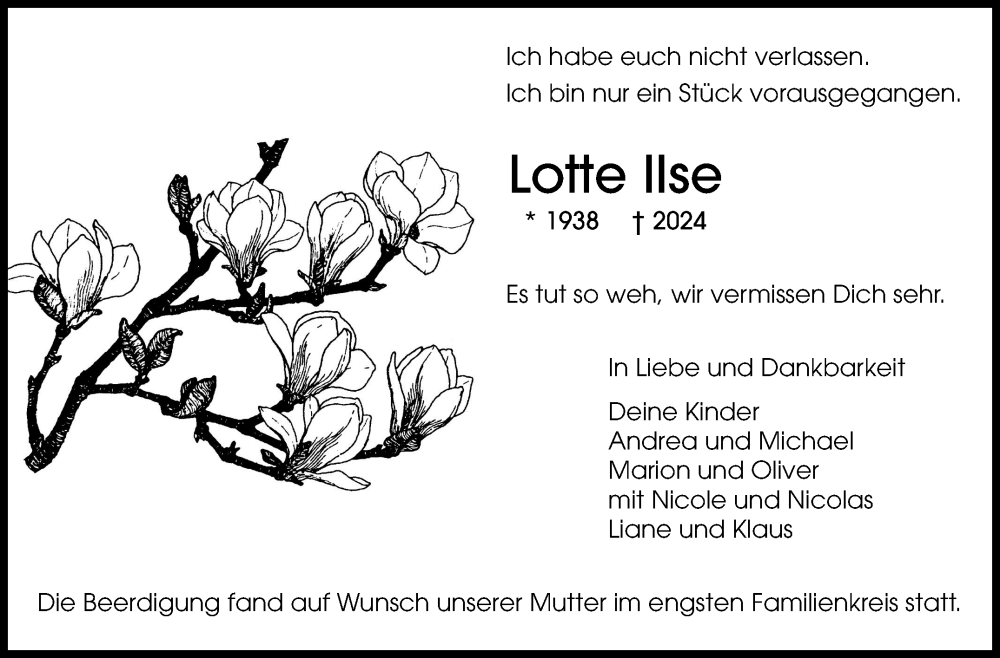  Traueranzeige für Lotte Ilse vom 10.12.2024 aus Leonberger Kreiszeitung / Strohgäu Extra