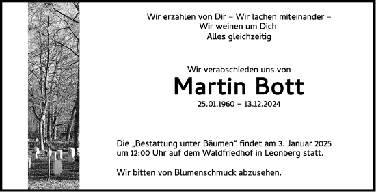 Traueranzeige von Martin Bott von Leonberger Kreiszeitung / Strohgäu Extra