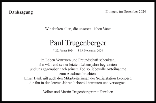 Traueranzeige von Paul Trugenberger von Leonberger Kreiszeitung / Strohgäu Extra