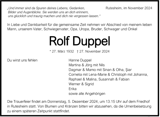 Traueranzeige von Rolf Duppel von Leonberger Kreiszeitung / Strohgäu Extra