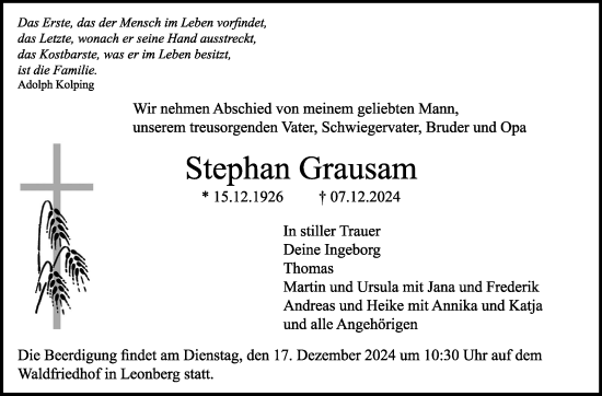 Traueranzeige von Stephan Grausam von Leonberger Kreiszeitung / Strohgäu Extra