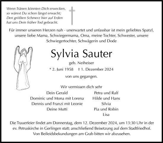 Traueranzeige von Sylvia Sauter von Leonberger Kreiszeitung / Strohgäu Extra