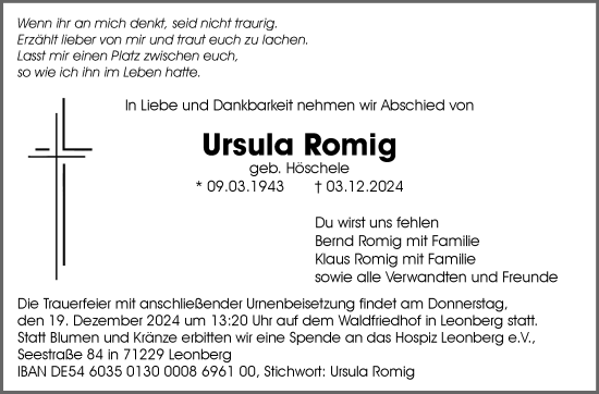 Traueranzeige von Ursula Romig von Leonberger Kreiszeitung / Strohgäu Extra