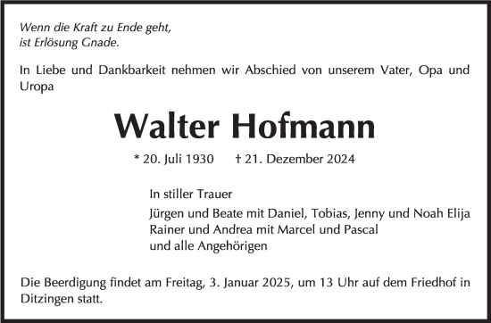 Traueranzeige von Walter Hofmann von Leonberger Kreiszeitung / Strohgäu Extra