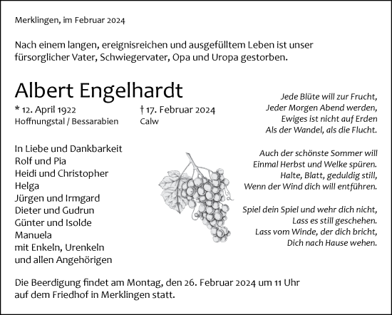 Traueranzeige von Albert Engelhardt von Leonberger Kreiszeitung / Strohgäu Extra