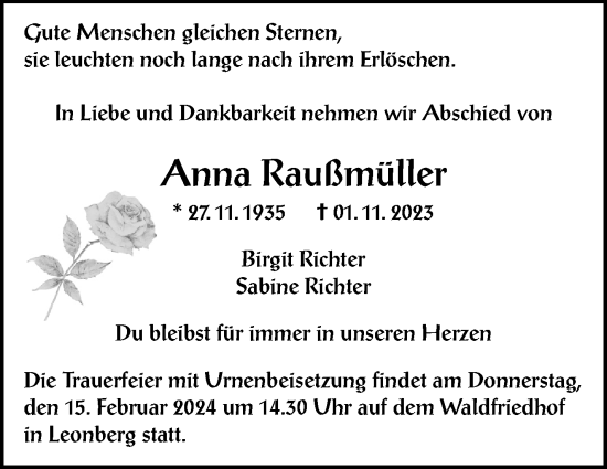 Traueranzeige von Anna Raußmüller von Leonberger Kreiszeitung / Strohgäu Extra