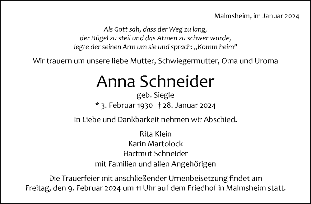  Traueranzeige für Anna Schneider vom 03.02.2024 aus Leonberger Kreiszeitung / Strohgäu Extra