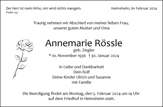 Traueranzeige von Annemarie Rössle von Leonberger Kreiszeitung / Strohgäu Extra