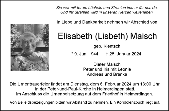 Traueranzeige von Elisabeth Maisch von Leonberger Kreiszeitung / Strohgäu Extra
