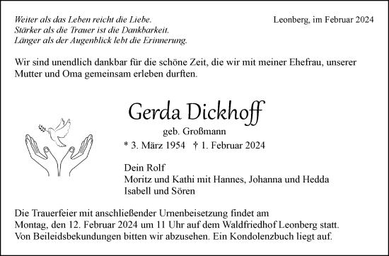Traueranzeige von Gerda Dickhoff von Leonberger Kreiszeitung / Strohgäu Extra
