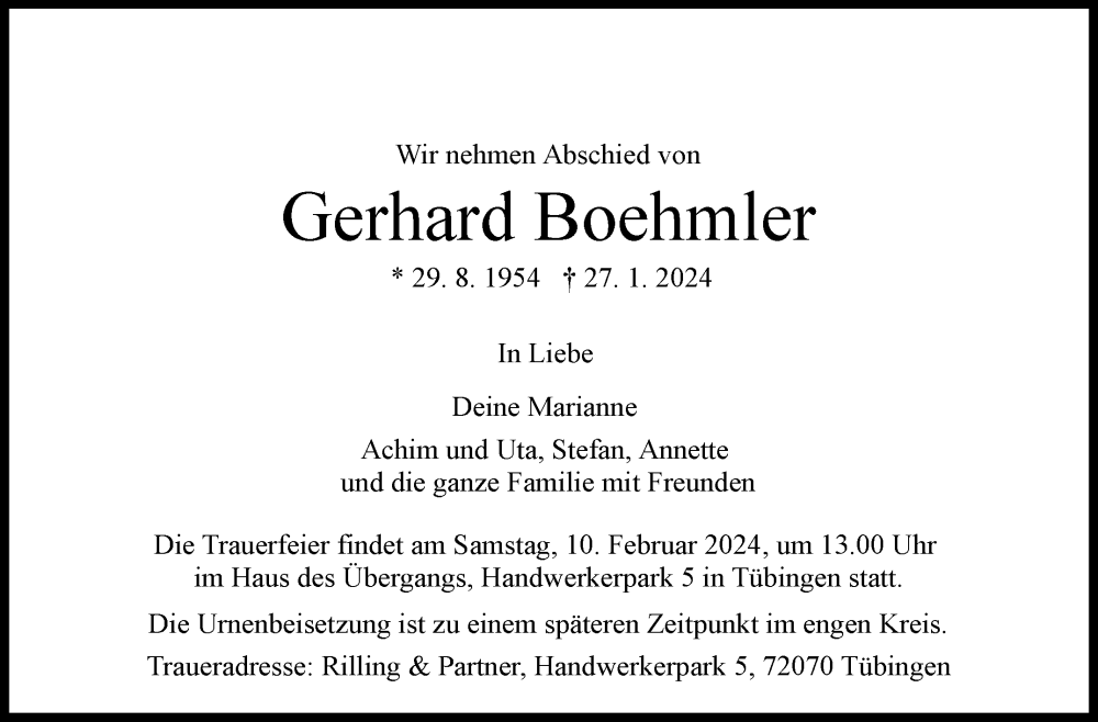  Traueranzeige für Gerhard Boehmler vom 03.02.2024 aus Leonberger Kreiszeitung / Strohgäu Extra
