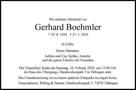 Traueranzeige von Gerhard Boehmler von Leonberger Kreiszeitung / Strohgäu Extra