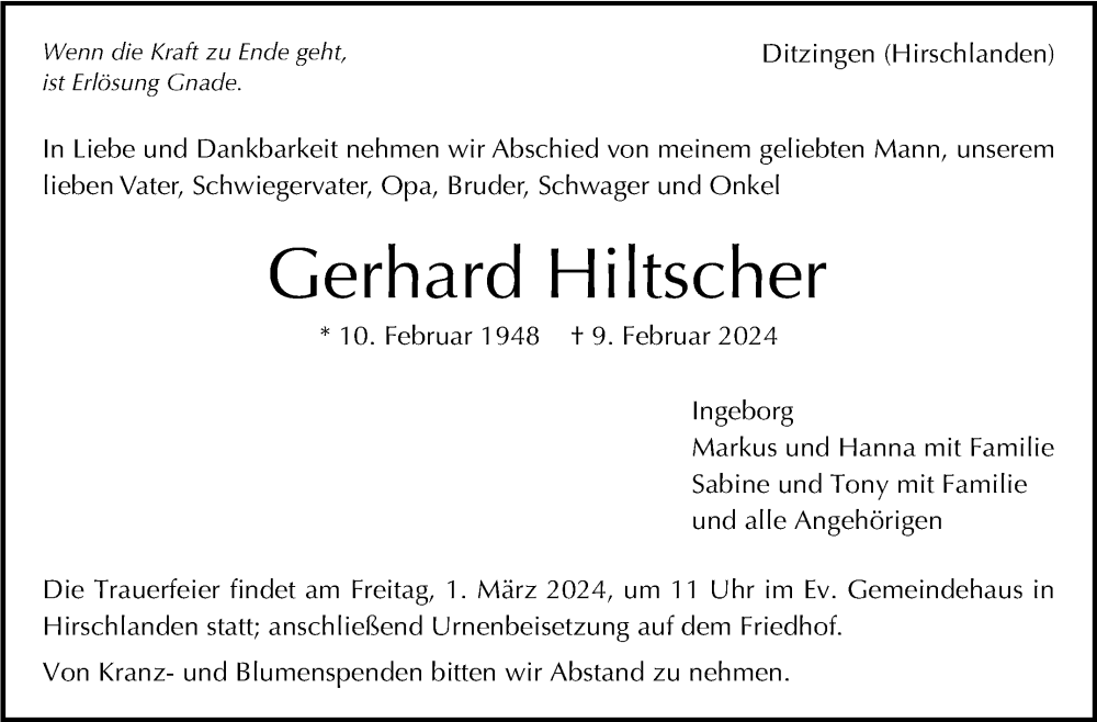  Traueranzeige für Gerhard Hiltscher vom 17.02.2024 aus Leonberger Kreiszeitung / Strohgäu Extra