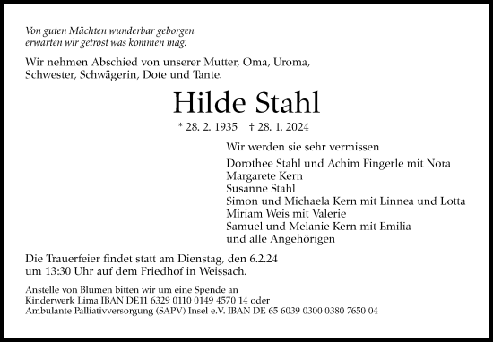 Traueranzeige von Hilde Stahl von Leonberger Kreiszeitung / Strohgäu Extra