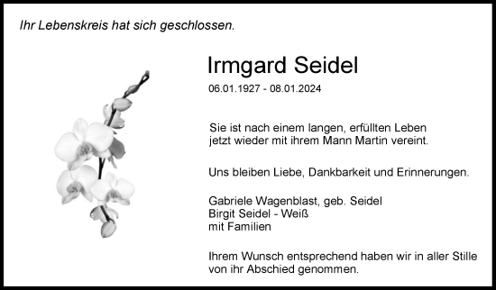 Traueranzeige von Irmgard Seidel von Leonberger Kreiszeitung / Strohgäu Extra