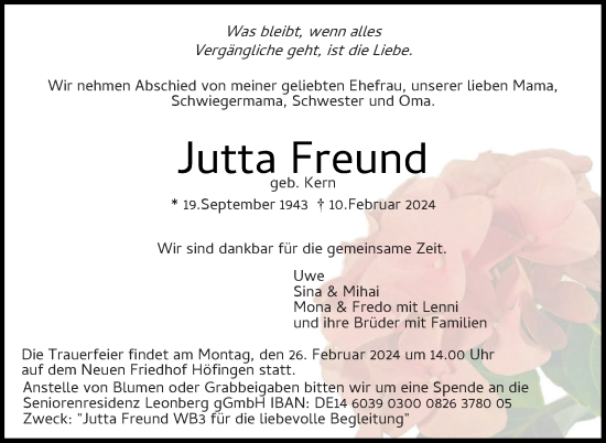 Traueranzeige von Jutta Freund von Leonberger Kreiszeitung / Strohgäu Extra