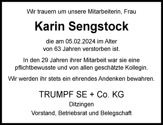 Traueranzeige von Karin Sengstock von Leonberger Kreiszeitung / Strohgäu Extra