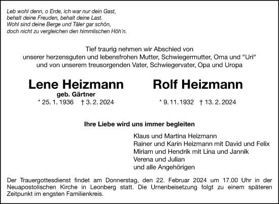 Traueranzeige von Lene und Rolf Heizmann von Leonberger Kreiszeitung / Strohgäu Extra