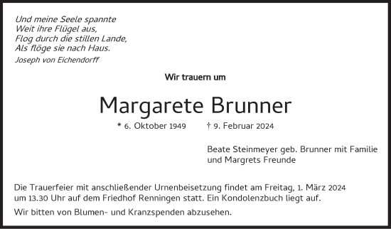 Traueranzeige von Margarete Brunner von Leonberger Kreiszeitung / Strohgäu Extra