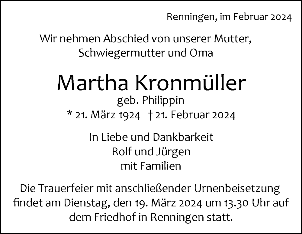  Traueranzeige für Martha Kronmüller vom 29.02.2024 aus Leonberger Kreiszeitung / Strohgäu Extra