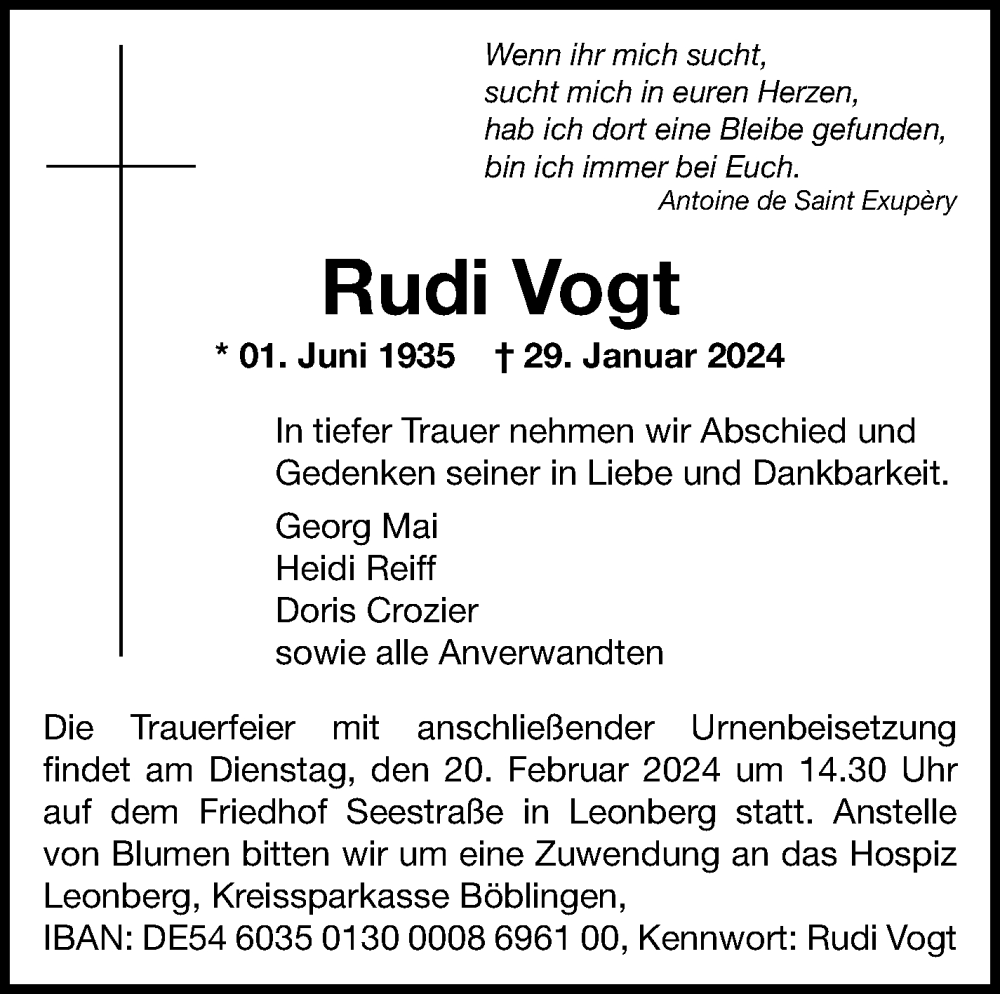  Traueranzeige für Rudi Vogt vom 16.02.2024 aus Leonberger Kreiszeitung / Strohgäu Extra