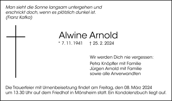 Traueranzeige von Alwine Arnold von Leonberger Kreiszeitung / Strohgäu Extra