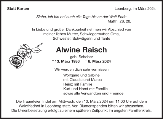 Traueranzeige von Alwine Raisch von Leonberger Kreiszeitung / Strohgäu Extra