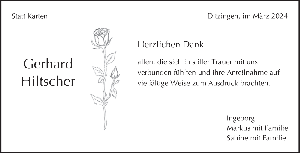  Traueranzeige für Gerhard Hiltscher vom 16.03.2024 aus Leonberger Kreiszeitung / Strohgäu Extra