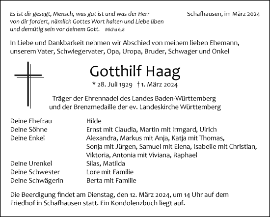Traueranzeige von Gotthilf Haag von Leonberger Kreiszeitung / Strohgäu Extra