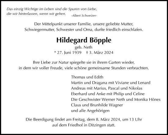 Traueranzeige von Hildegard Böpple von Leonberger Kreiszeitung / Strohgäu Extra