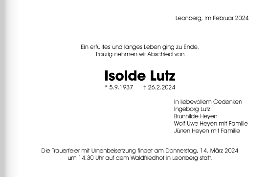 Traueranzeige von Isolde Lutz von Leonberger Kreiszeitung / Strohgäu Extra
