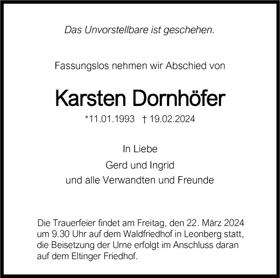 Traueranzeige von Karsten Dornhöfer von Leonberger Kreiszeitung / Strohgäu Extra