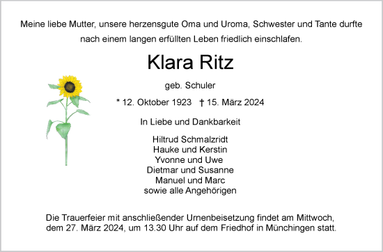 Traueranzeige von Klara Ritz von Leonberger Kreiszeitung / Strohgäu Extra