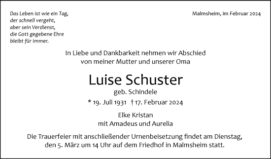 Traueranzeige von Luise Schuster von Leonberger Kreiszeitung / Strohgäu Extra