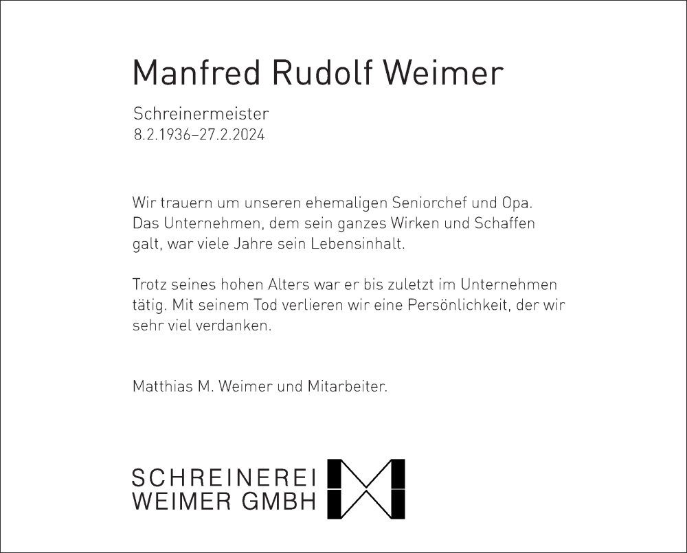  Traueranzeige für Manfred Rudolf Weimer vom 08.03.2024 aus Leonberger Kreiszeitung / Strohgäu Extra