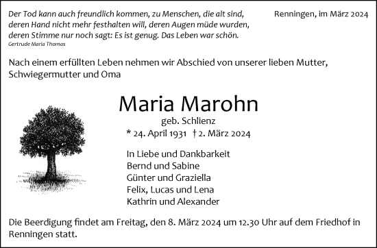 Traueranzeige von Maria Marohn von Leonberger Kreiszeitung / Strohgäu Extra