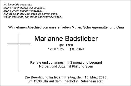 Traueranzeige von Marianne Badstieber von Leonberger Kreiszeitung / Strohgäu Extra