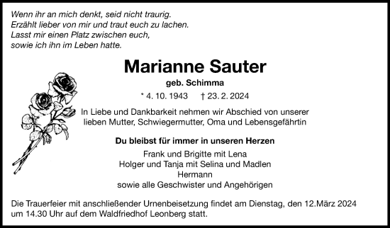 Traueranzeige von Marianne Sauter von Leonberger Kreiszeitung / Strohgäu Extra